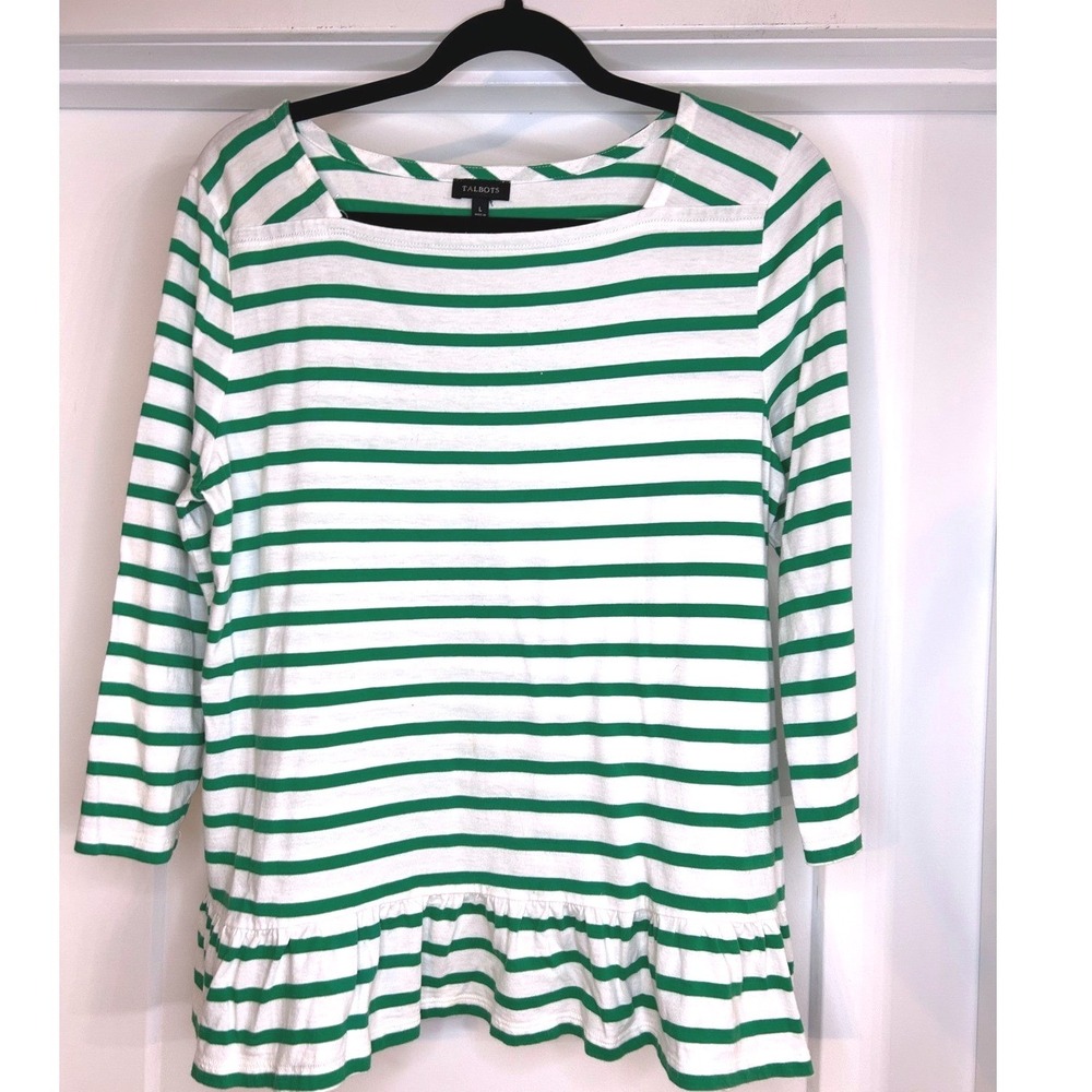 Talbots Womens Green White Striped Pima Cotton Peplum Ruffle Top Large Coastal